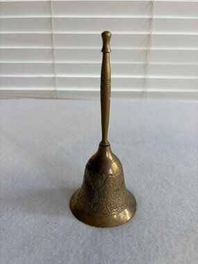 Vintage Brass Handheld Bell With Ornate Floral Engraving Made In India